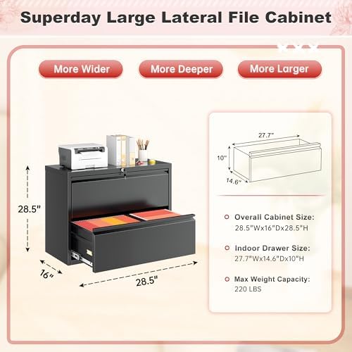 Superday Lateral File Cabinet 2 Drawer Metal File Cabinet with Lock, Black Filing Cabinets for Home Office, Locking Filing Cabinets Hanging Files Letter/Legal/F4/A4