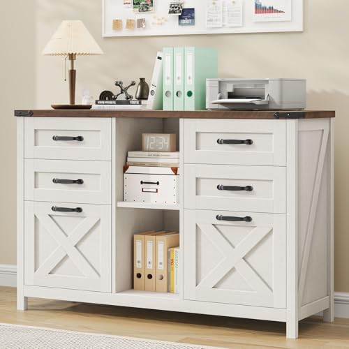 Halitaa Farmhouse Lateral File Cabinet with 6 Drawers, White and Brown