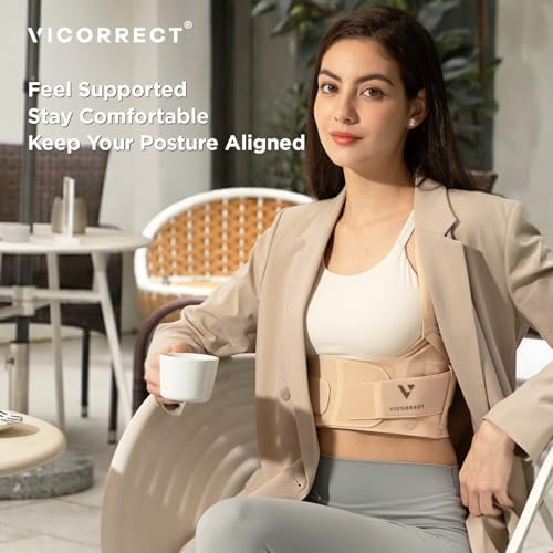 Vicorrect Adjustable Posture Corrector for Women: Invisible Under Clothes - Comfortable Back Support Bra for Upper Back Neck Shoulder Pain Relief - Ideal for Sitting Exercise Daily Wear (Beige Medium)