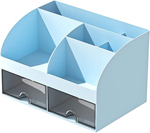COMFYROOM Desk Organizer with 6 Compartments and 2 Drawers, Plastic Makeup Organizer, Pen Holder for Desktop Storage, Desk Organization for School, Home, Office Supplies (Blue)