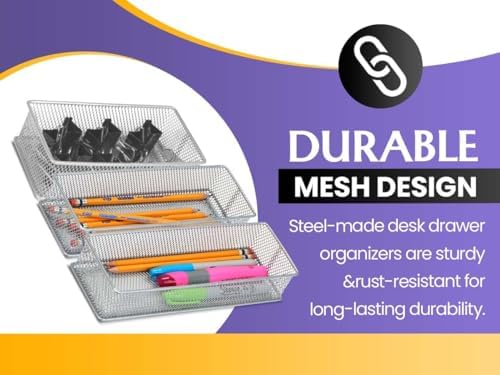 YBM Home Silver Mesh Drawer Organizer and Storage for Kitchen Drawers, Serves as School Supply Holder, Office Desktop Organizer Basket, Makeup and Craft Supplies Organization, (1 Unit, 4x12x2 Inch)