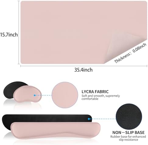 Mouse Pad and Keyboard Wrist Rest, Large Keyboard and Mouse Pad Set, Ergonomic Mousepad with Wrist Rest, Non-Slip Desk Mat Protector for Office, Home (35.4×15.7 Inches, Pink)