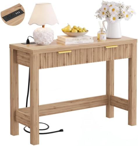 Cyclysio 39" Console Table with Charging Station & 2 Fluted Drawers