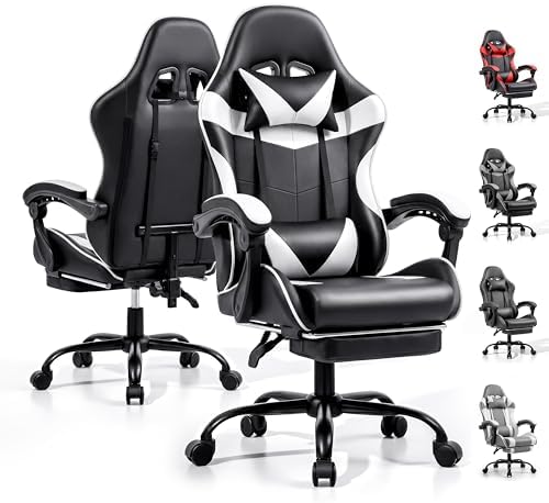 Gaming Chair, Ergonomic Footrest, Lumbar & Headrest(Black White)