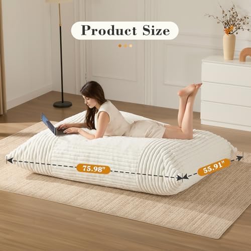 3-in-1 Giant Bean Bag Chair for Adults & Kids, Convertible Floor Sofa to Mattress, High-Density Foam Chair Bed with Washable Cover, Multi Functional Lounge Couch for Bedroom, Living Room (Beige)