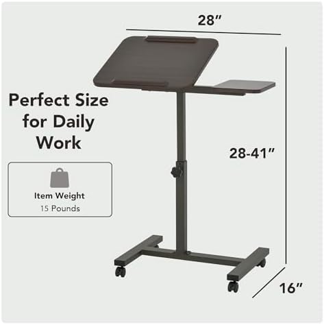Displays By Jack Adjustable Height Rolling Laptop Desk with Tilting Top & Side Shelf – Mobile Sit Stand Computer Table on Wheels for Home Office, Classroom, Study Room