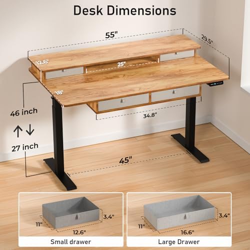 55 x 30 Inch Electric Standing Desk with 4 Drawers, Light Rustic