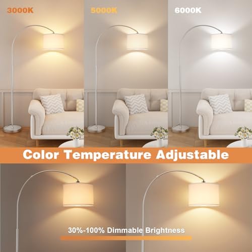 Ambimall Dimmable Arc Floor Lamp with Remote, Color Temp Adjustable, Silver