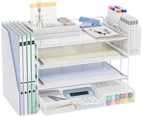 4-Tier Desk File Organizer with Drawer & Pen Holder (White)