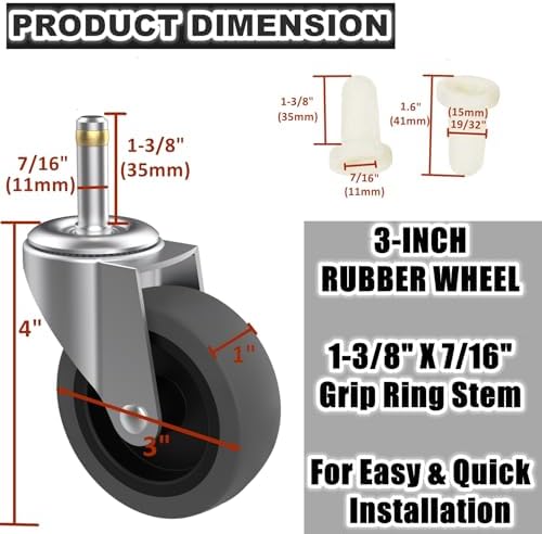 RILIDRI 3-Inch Swivel Stem Caster for Rubbermaid Mop Bucket Utility Cart, 7/16-Inch Stem Diameter Rubber Wheel Set of 4, Heavy Duty TPR Weber Grills Shop Vac Replacement Wheels