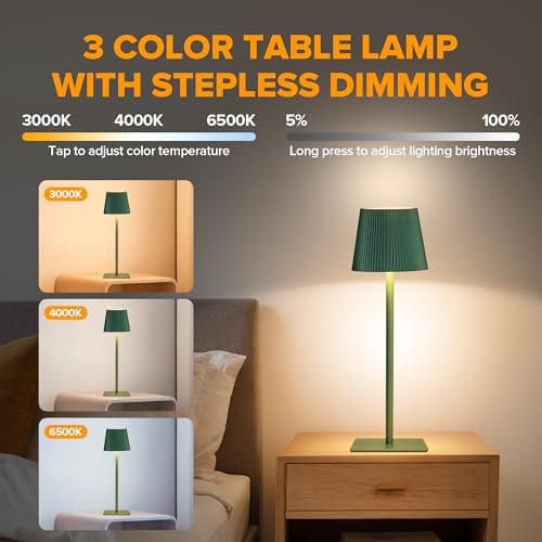 LUTEC 2 Pack Cordless Table Lamp,6000mAh Rechargeable Battery Operated Desk Lamp,Two Adjustable Heights,Waterproof, Touch Control & 3 Color Stepless Dimming for Restaurant/Bedroom/Bars/Outdoor (Green)