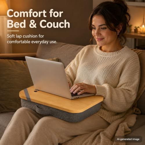 Mayjoy Bamboo Laptop Lap Desk with Storage, Removable Cover, Gray