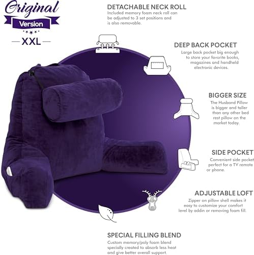 Husband Pillow XXL The Original for Adults - 30" Tall Backrest for Sitting Up in Bed - Firm Support Reading & Bed Rest Pillows for Adults, Neck Roll, Removable Cover - TV - Purple