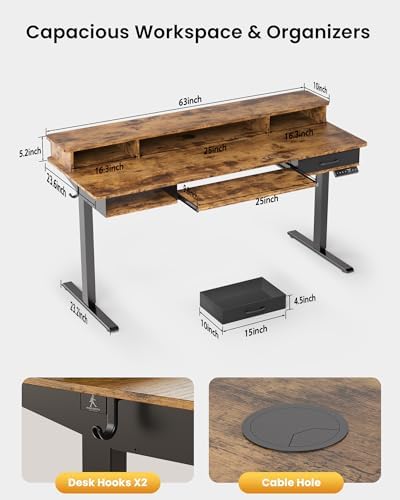 Electric Standing Desk with Keyboard Tray, 63x24 Inches Height Adjustable Stand up Desk with 2 Drawers, Ergonomic Sit to Stand Table with Storage Monitor Stand, Rustic Brown