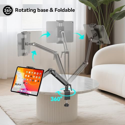 Portable Monitor Stand Desk Holder- Large Clamp support up to 6.5 12.9 14.6 15.6 18.5 inch 360° Rotating Base Swivel Tall Desk Arm Mount for iPad Pro/Mini/Air/Surface Strong Bearing Weight over 5.5lbs