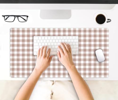 Brown Checkered Gingham Desk Mat Pad XXL Large Mouse Pad Anti-Slip Big Mousepad with Stitched Edges Computer Mouse Pads for Desktop Decor Cute Office Desk Accessories