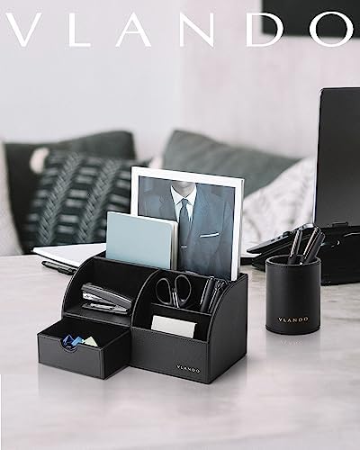 VLANDO 2 Pcs PU Leather Desk Caddy Set with Drawer,Pen Holder