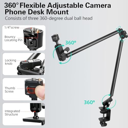Desktop Clamp Magic Arm 33.84" Kit for Phone,DSRL Two-Stage Adjustable Flexible Arm, Overhead Camera Mount, Desk Phone Mount for Webcam, Action Camera, Mic,Video Light
