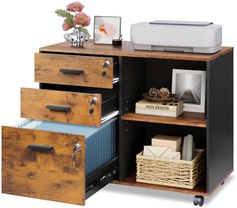 DEVAISE 3-Drawer File Cabinet with Lock, Wood Filing Cabinet, Rustic Brown