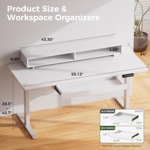 GTPLAYER Electric Standing Desk with Drawers, 55 x 24 Inch Height Adjustable Gaming Desk with Monitor Stand, Power Outlets & LED Lights, Home Office Sit Stand Up Desk with Memory Preset (White)