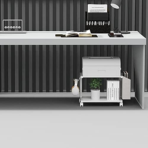 VEDECASA 2 Tier Modern White Wooden Under Desk Printer Stand with Storage Bag for Home Office Desktop Printer Table Organizer Mobile Printer Shelf Cart with Caster Wheel (White)