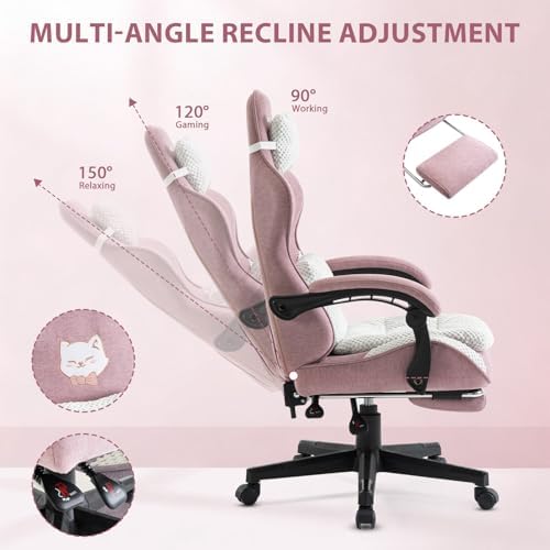 Rose Cute Cat Gaming Chair, Office Desk Chairs with Footrest and Headrest & Armrests for Women, Ergonomic High Back Computer Desk with Headrest & Lumbar