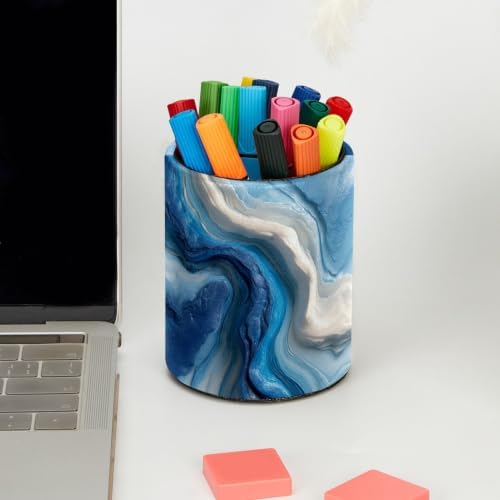 Leather Pen Holder for Desk, Blue and White Texture Pencil Cup Pen Organizer Makeup Brush Holder for Office Home Kids Countertop Desk Accessory Storage