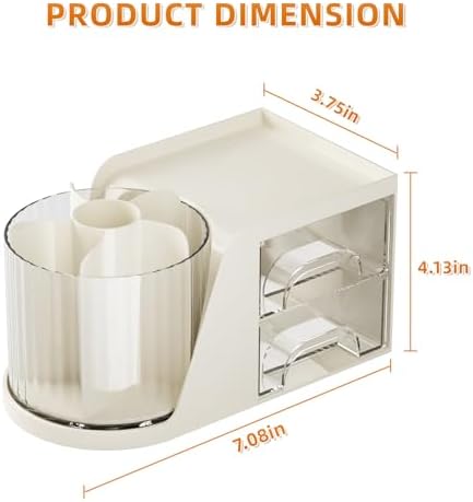 Marbrasse Desk Organizer with 2 Drawer, 360°Rotating Pen Holder, Desk Organizers and Accessories with 6 Slots Pencil Organizer + 2 Drawer, Art Supply Storage Box Caddy for Office (Beige)