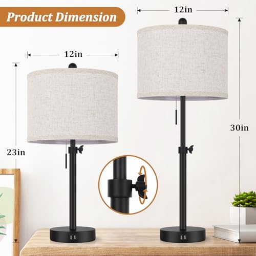 Adjustable Table Lamps for Bedroom Set of 2, 23''-30'' Height Adjusted Bedside Lamps with 2 USB Ports, Black Nightstand Lamps with Cream Linen Shade, Modern Industrial Living Room Lamp Set, Pull Chain