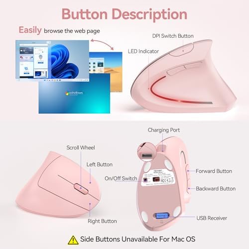 TECKNET Wireless Ergonomic Mouse, Rechargeable Wireless Vertical Mouse