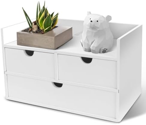 Charmewooden Bamboo Desk Organizer 3 Drawer with Shelf, Countertop Organizer with Drawers Makeup Storage Drawer 3 Drawers Tabletop Storage Organization Box Home Office Workspace（White）