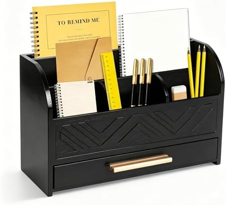 Charmewooden Black Desktop Organizer with Drawer Storage, White Desk Organizer Mail Holder Mail Organizer Countertop Pen Holder Letter Sorter Make up Organizer for School Home Office Supplies