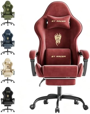 Soontrans Velvet Fabric Gaming Chair for Adult, Ergonomic Comfortable Video Gamer Chair with Footrest, Reclining Office Computer Desk Game Chairs with Massage Lumbar Cushion,Headrest