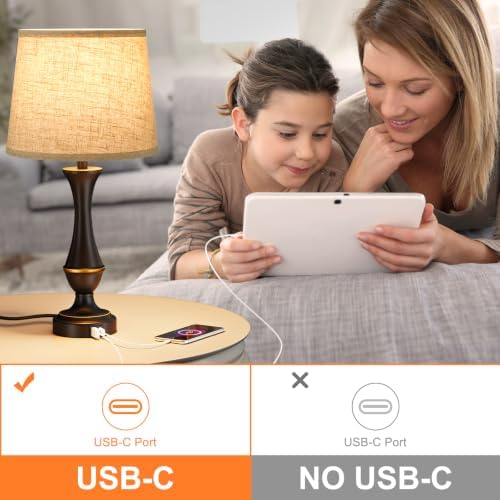 Touch Lamps for Nightstand, 3 Way Dimmable Lamps for Bedroom with USB C+A