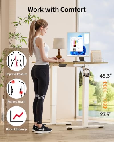 Okin Standing Desk Electric Adjustable Computer Desks, Whole Piece Stand up Desk Office Gaming Home Office Memory Desks 48x24 inches Cream Pecans