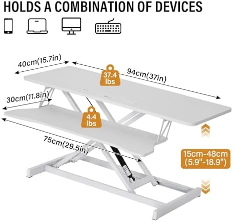 37 Inch Standing Desk Converter, Height Adjustable Desktop Standing Desk, Stand Up Riser Compatibles with 2 Computer, Stand Up Converter Laptop Workstation to 18.8" Tall, Black