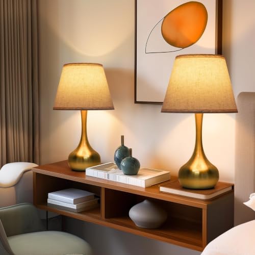 ONEWISH Touch Table Lamp for Bedroom, 3-Way Dimmable Gold Bedside Lamps for Nightstand with Fabric Shade,17.32'' Desk Lamp for Kids Reading, Home Office