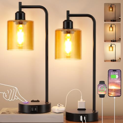 Industrial Touch Nightstand Lamps for Bedrooms Set of 2 - 3-Way Dimmable Table Lamps with USB C+A Ports and Outlet, Bedside Lamps with Amber Glass Shade for Living Room, Desk Lamps for Home Office