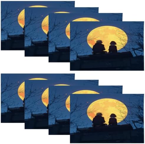 Romantic Evening Full Moon Placemats, Moment Nighttime View Place Mats for Dining/Kitchen Table Waterproof Washable Linen Heat Insulation Dinner Table Mats 12X18 in 8 Pcs
