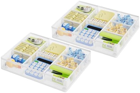 Marbrasse Desk Drawer Organizer, Metal Mesh Drawer Organizer Tray with 5 Adjustable Compartments,Desk Organizers and Accessories for Home,Office,Kitchen,Makeup,Vanity (White,2Pack)