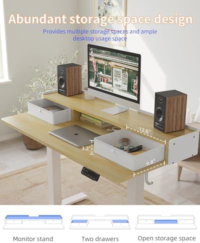 YIHAYO Electric Standing Desk with Drawers, 60 x 24 Inches Adjustable Desk with Storage Shelf, Computer Table with Splice Board for Home Office, White Frame/Natural Top