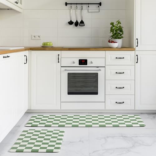 Ohocut Checkered Kitchen Mats for Floor Set of 2, 2 Pcs Sage Green Cushioned Non Slip Runner Rugs for Kitchen/Sink/Laundry, Comfort Aesthetic Cute Anti-Fatigue Foam Floor Mat 17.3"x29.5"+17.3"x47.2"