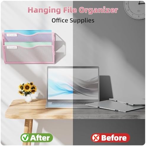 Marbrasse Wall File Holder 2-Tier Hanging Wall File Organizer, Mesh Mail Holder for Papers, Wall Mount File Clipboard & Magazine Organizer Great for Office Home - 2P(Pink)
