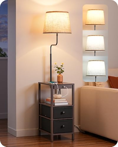 EDISHINE Floor Lamp with Table Dimmable USB-A+Type-C Port, Dark Walnut