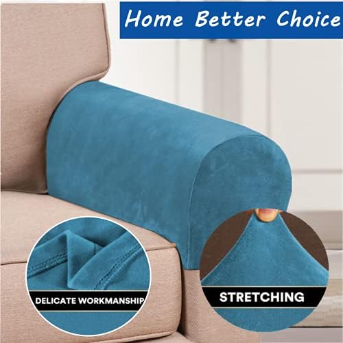 2 Pack Velvet Stretch Armrest Covers - Non Slip Sofa Chair Covers, Soft Elastic Arm Protectors for Living Room Couch, Office Chair, Recliner (Peacock Blue)