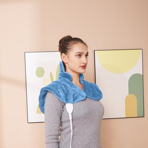 Ambershine 19''x24'' Weighted Neck & Shoulder Heating Pad, 2.5lbs with 12 Temperature Settings& 4 Auto-Off Timers, Pain Relief for Neck/Shoulder/Back(Light Blue)