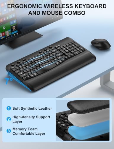 Ergonomic Wireless Keyboard and Mouse, Silent Wave Keys with Soft Palm Rest