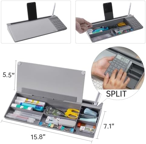 Small Glass Desktop Whiteboard Dry-Erase-Board - Computer Keyboard Stand with Calculator White Board Surface Pad with Drawer, Desk Organizers with Accessories for Office, Home, School Supplies - Grey