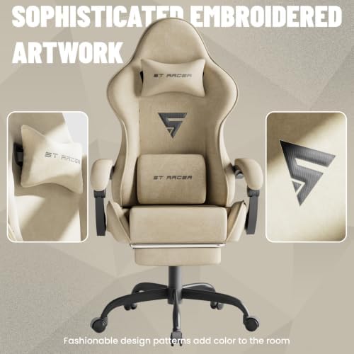 Ferghana Ergonomic Velvet Gaming Chair with Massage, Footrest & Reclining High Back, Racing Style Computer Desk Chair for Adults, Home Office Use, Beige