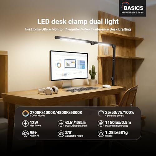 NEEWRE Basics 12W 42.5" Clip On LED Lamp with Dual Light Bar, CRI95+ Bi Color Aluminum Alloy Table Architect Light Dimmable for Home Office Monitor Computer Video Conference Desk Drafting, ME-DL02